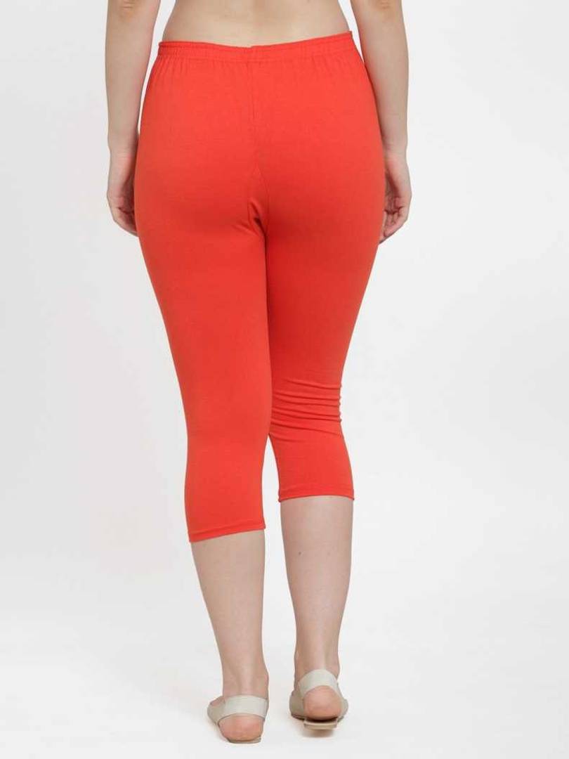 Stylish Leggings Solid Skin Fit Orange Cotton Spandex Capri For Women & Girls